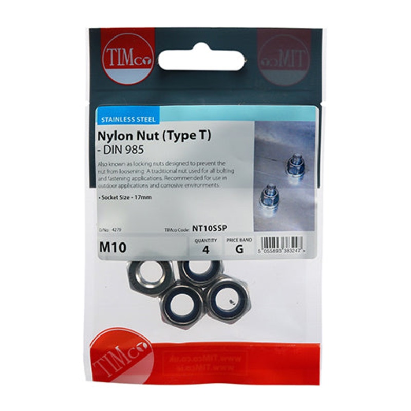 Timco Nylon Nuts – Type T – Stainless Steel M10 – 4 Pieces