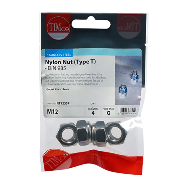 Timco Nylon Nuts – Type T – Stainless Steel M12 – 4 Pieces