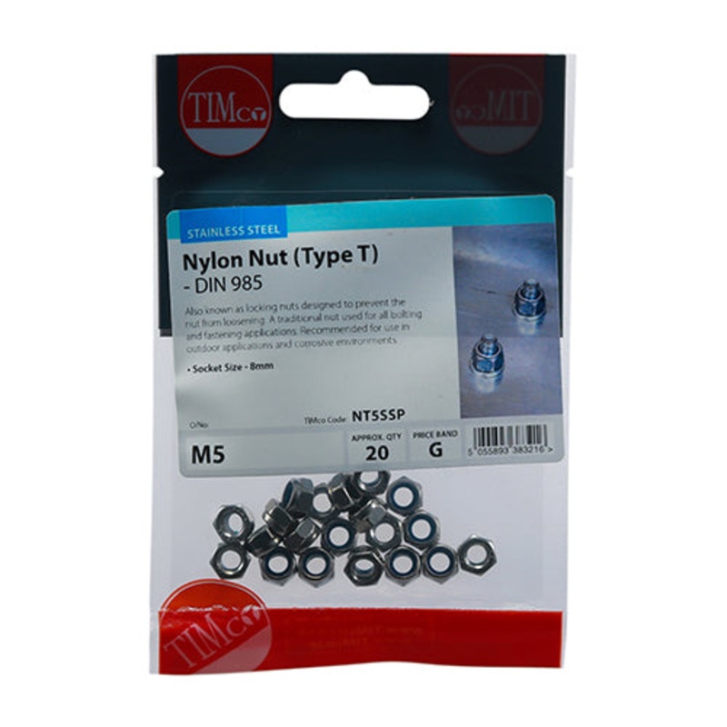 Timco Nylon Nuts – Type T – Stainless Steel M5 – 20 Pieces