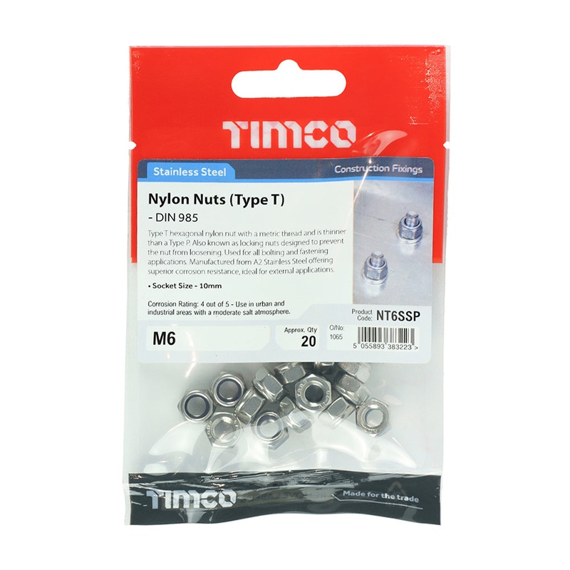 Timco Nylon Nuts – Type T – Stainless Steel M6 – 20 Pieces