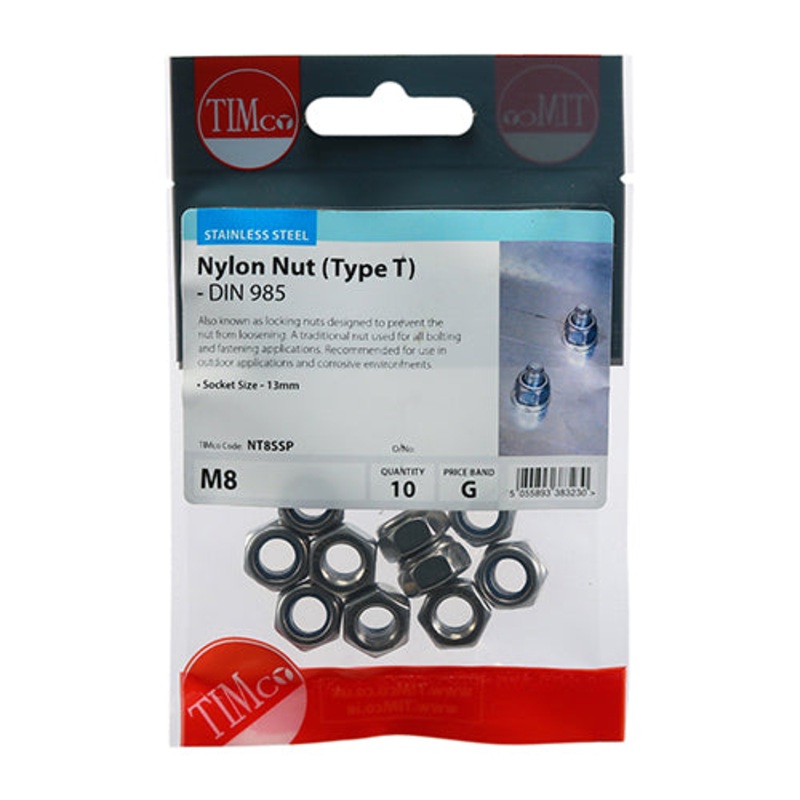 Timco Nylon Nuts – Type T – Stainless Steel M8 – 10 Pieces