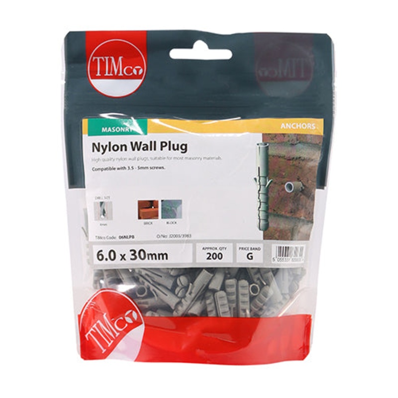 Timco Nylon Plugs 6.0 x 30 – 200 Pieces