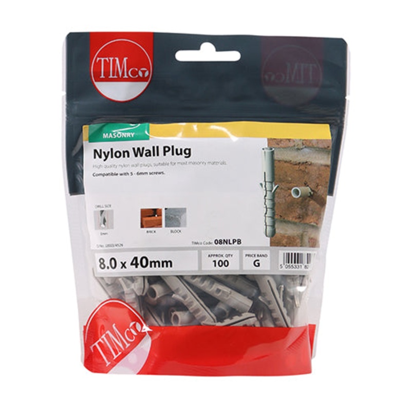 Timco Nylon Plugs 8.0 x 40 – 100 Pieces