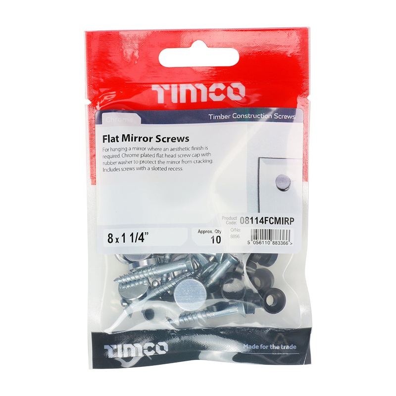 Timco Mirror Screws – Zinc – Chrome Flat 8 x 1 1/4 – 10 Pieces