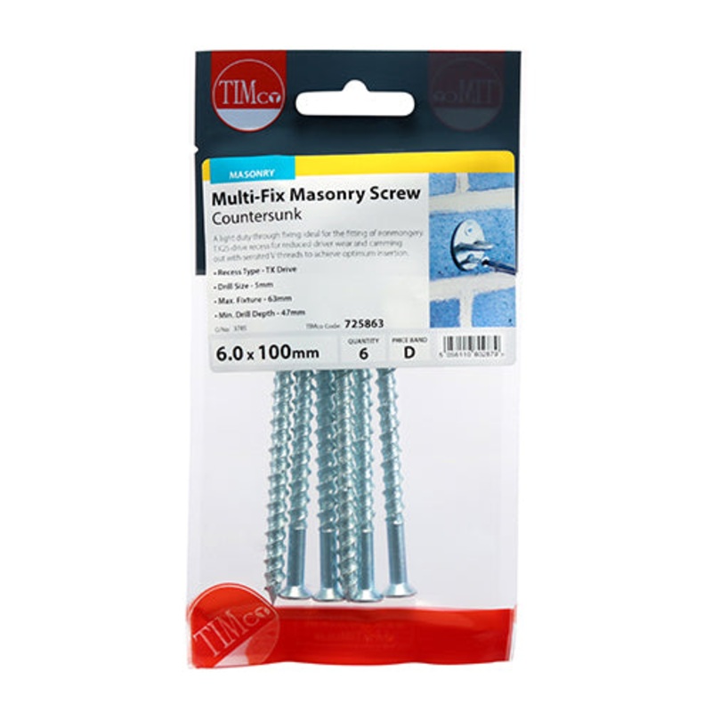 Timco Masonry Screws – TX – Countersunk – Zinc 6.0 x 100 – 6 Pieces