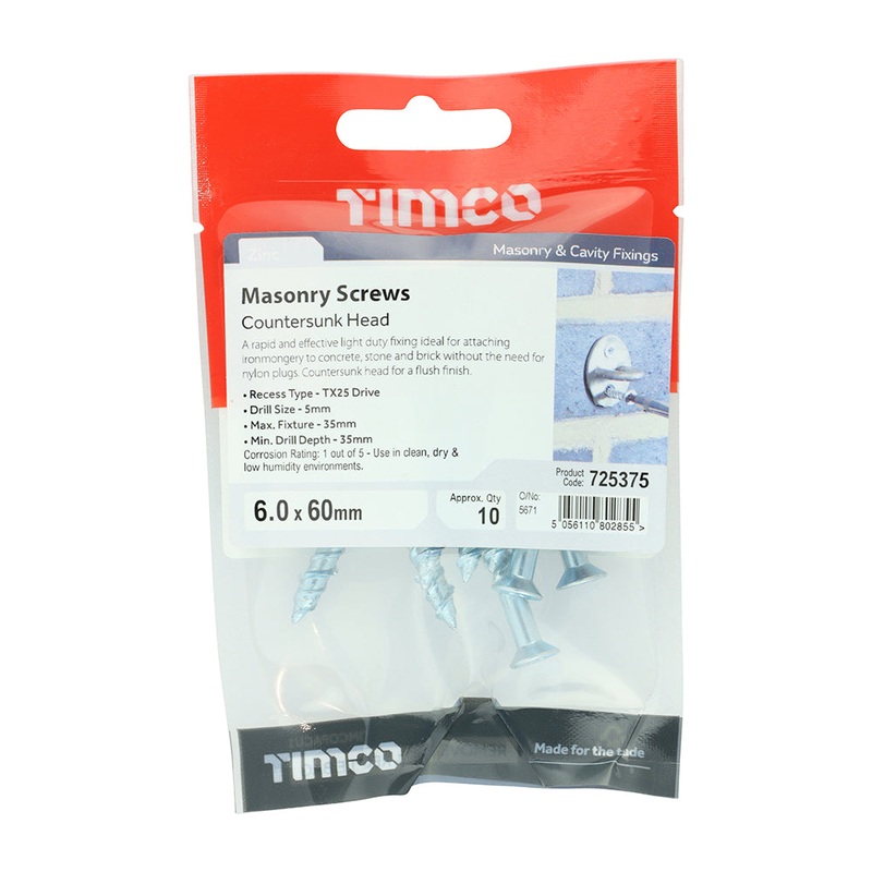 Timco Masonry Screws – TX – Countersunk – Zinc 6.0 x 60 – 10 Pieces