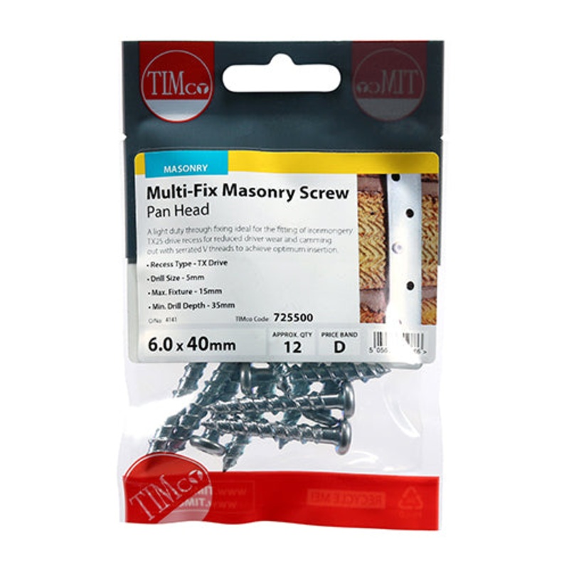 Timco Masonry Screws – TX – Pan – Zinc 6.0 x 40 – 12 Pieces
