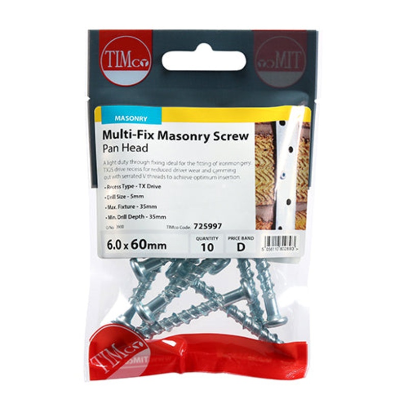 Timco Masonry Screws – TX – Pan – Zinc 6.0 x 60 – 10 Pieces