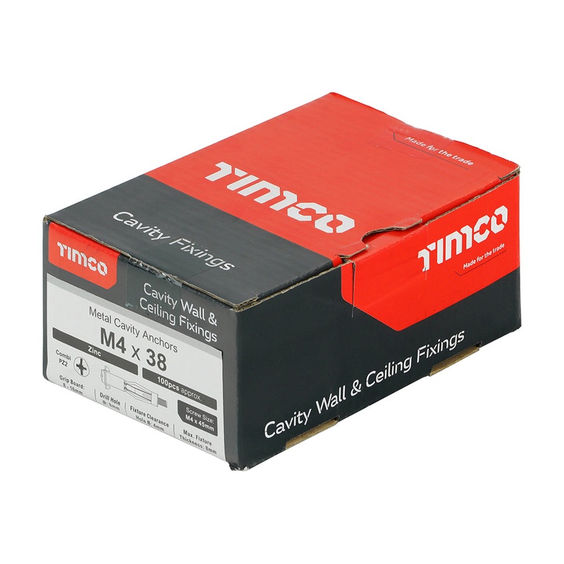 Timco Metal Cavity Anchors – Zinc M4 x 38 (45mm Screw) – 100 Pieces