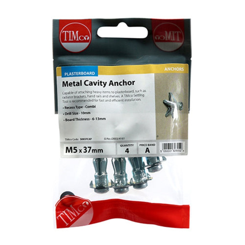 Timco Metal Cavity Anchors – Zinc M5 x 37 (45mm Screw) – 4 Pieces