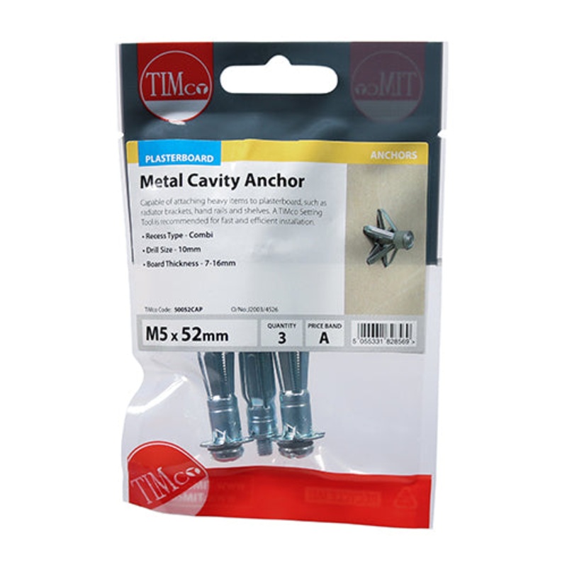 Timco Metal Cavity Anchors – Zinc M5 x 52 (60mm Screw) – 3 Pieces