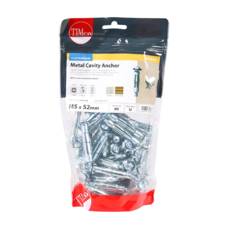 Timco Metal Cavity Anchors – Zinc M5 x 52 (60mm Screw) – 60 Pieces