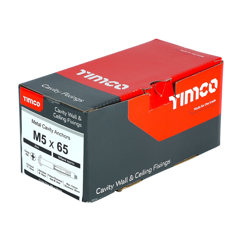 Timco Metal Cavity Anchors – Zinc M5 x 65 (70mm Screw) – 100 Pieces