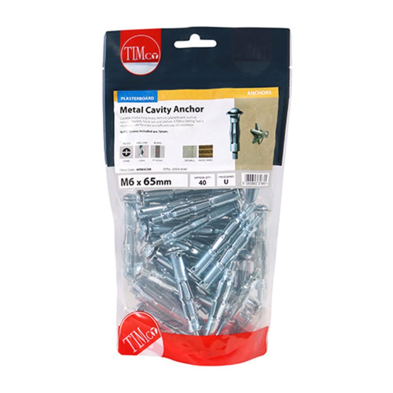 Timco Metal Cavity Anchors – Zinc M6 x 65 (70mm Screw) – 40 Pieces