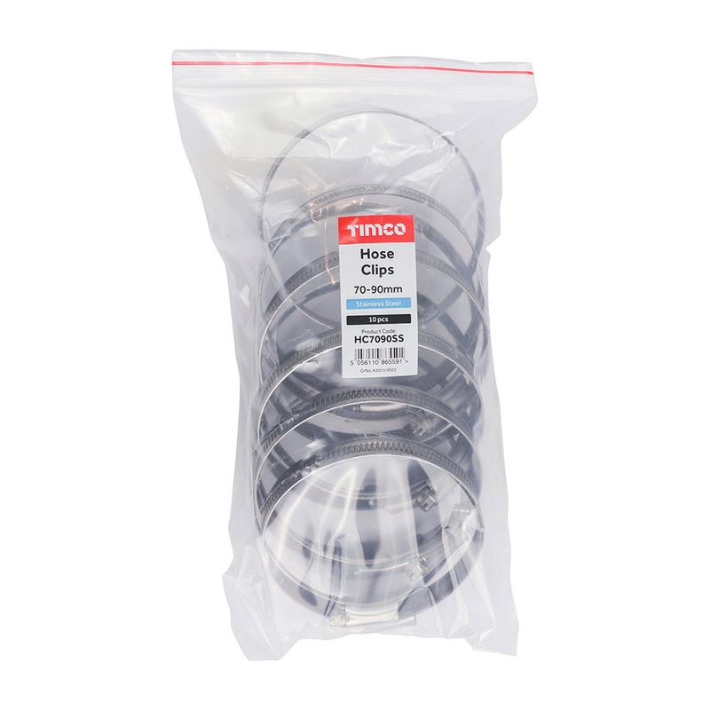 Timco Hose Clips – Stainless Steel 70-90mm – 10 Pieces
