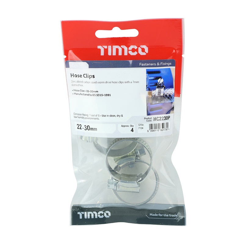 Timco Hose Clips – Zinc 22-30mm – 4 Pieces