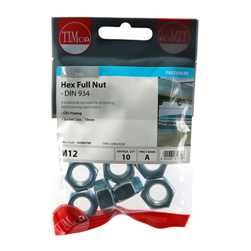 Timco Hex Full Nuts – Zinc M12 – 10 Pieces