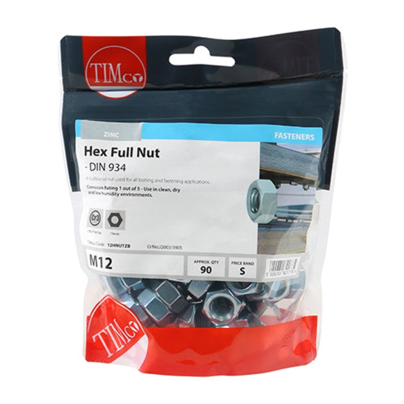 Timco Hex Full Nuts – Zinc M12 – 90 Pieces