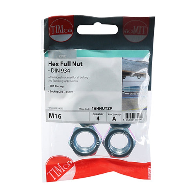 Timco Hex Full Nuts – Zinc M16 – 4 Pieces