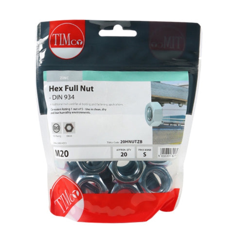 Timco Hex Full Nuts – Zinc M20 – 20 Pieces