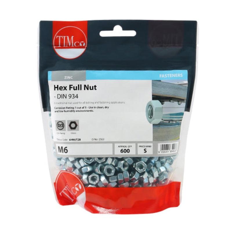 Timco Hex Full Nuts – Zinc M6 – 600 Pieces