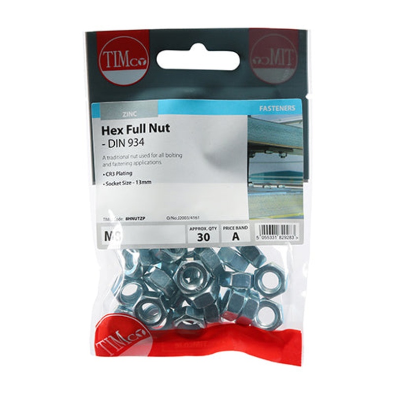 Timco Hex Full Nuts – Zinc M8 – 30 Pieces