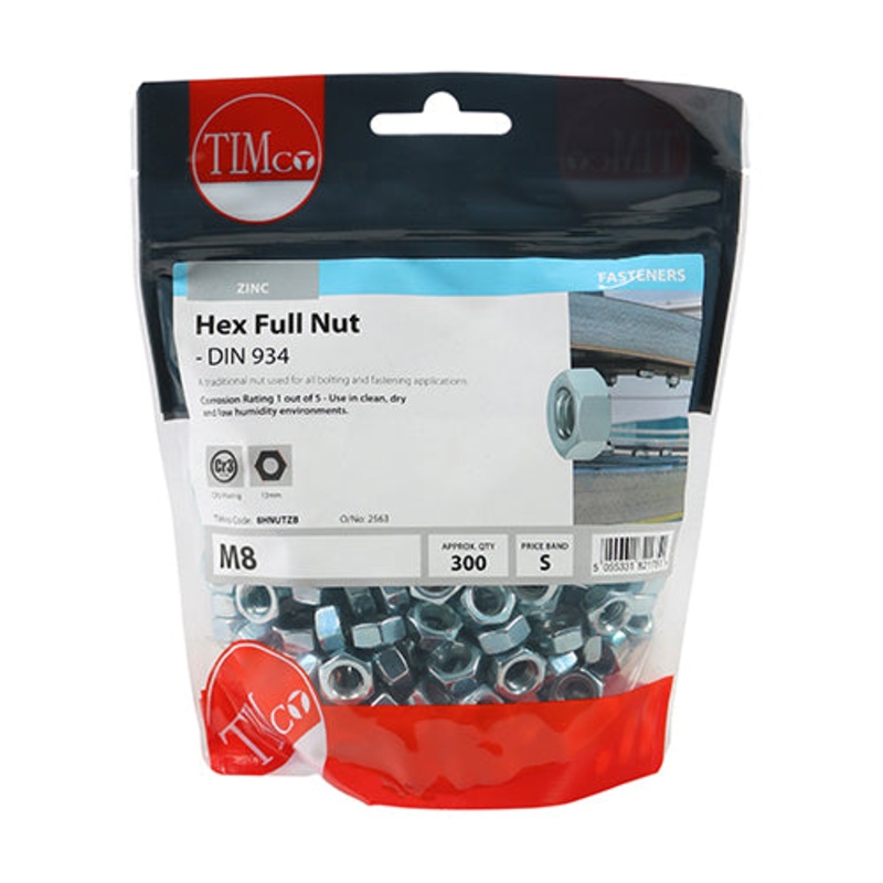 Timco Hex Full Nuts – Zinc M8 – 300 Pieces