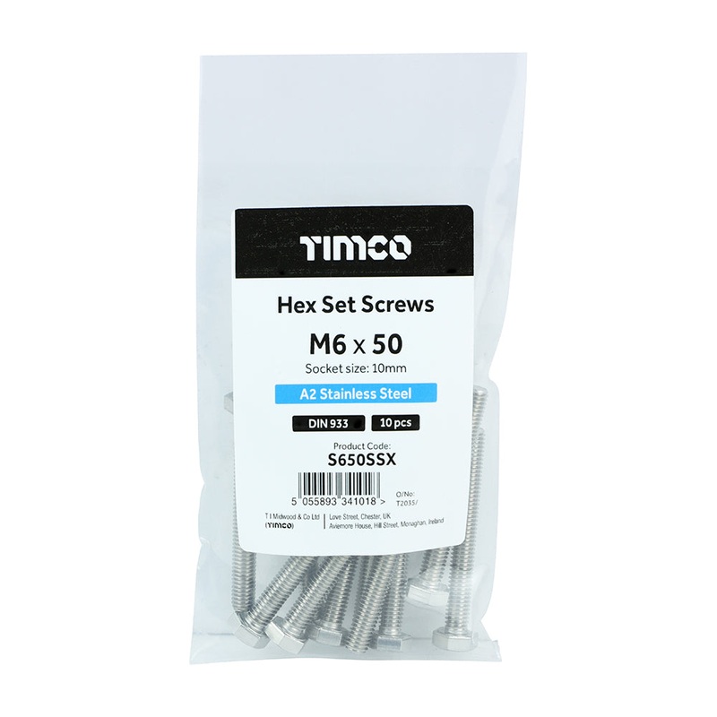Timco Hex Set Screws – A2 Stainless Steel M6 x 50 – 10 Pieces