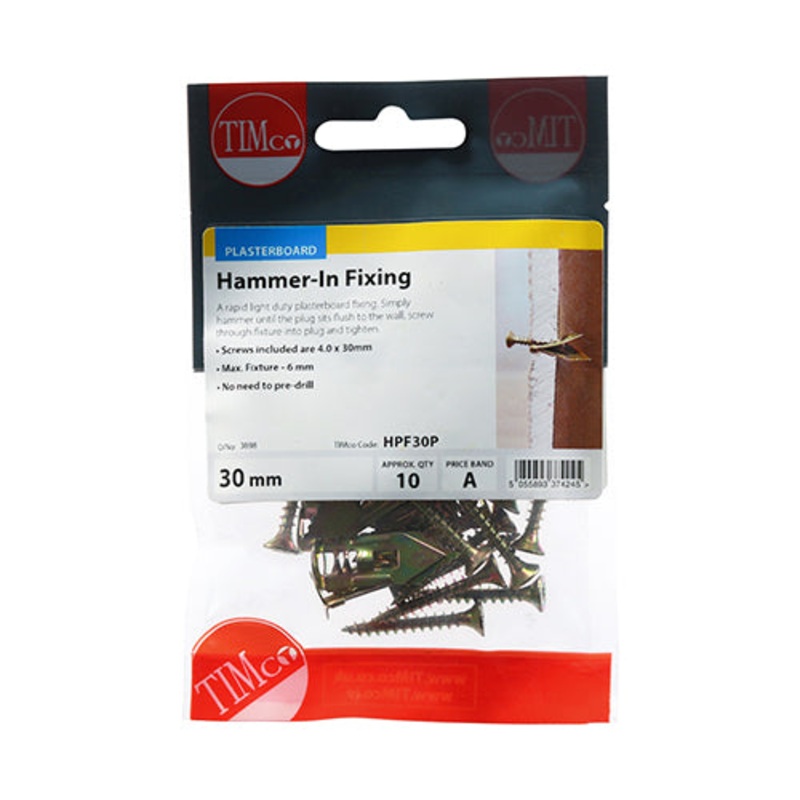 Timco Hammer-In Fixings – PZ – Yellow 4 x 30mm – 10 Pieces