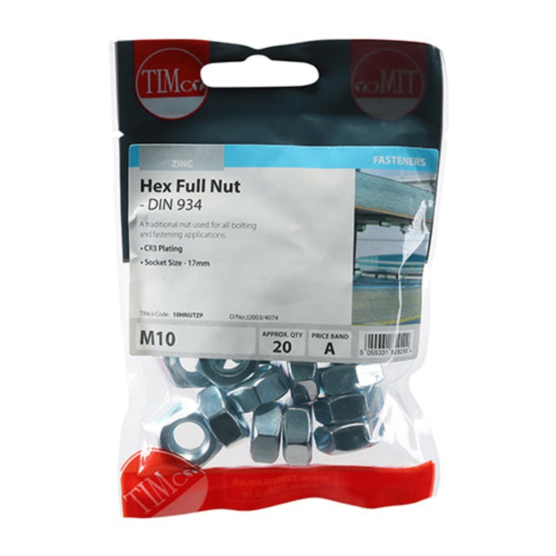 Timco Hex Full Nuts – Zinc M10 – 20 Pieces