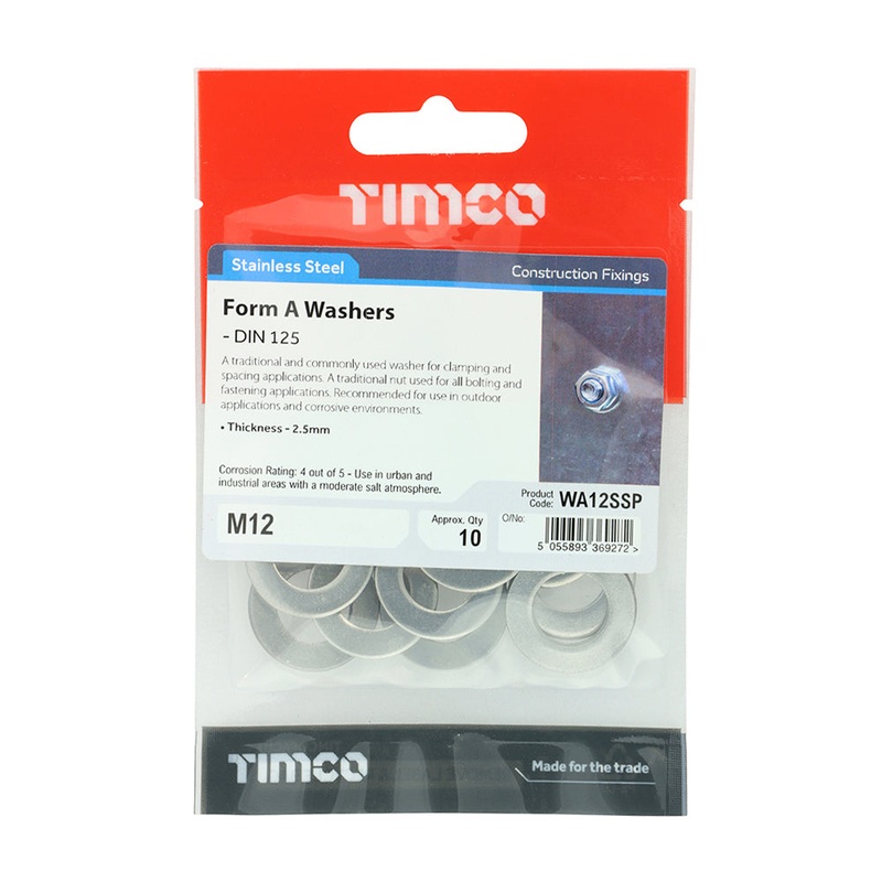Timco Form A Washers – Stainless Steel M12 – 10 Pieces