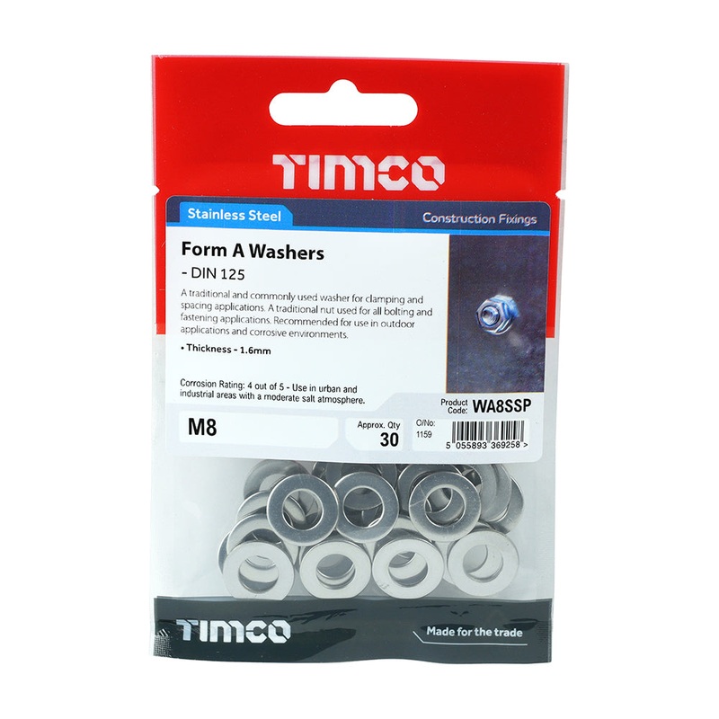 Timco Form A Washers – Stainless Steel M8 – 30 Pieces