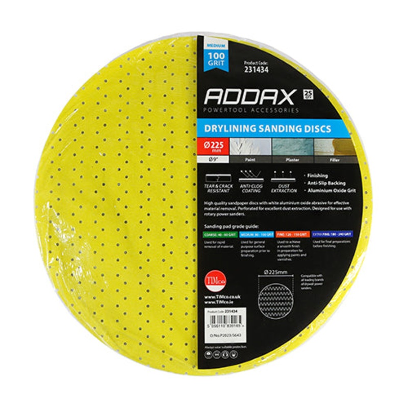 Timco Drylining Sanding Discs – 100 Grit – Yellow 225mm – 25 Pieces