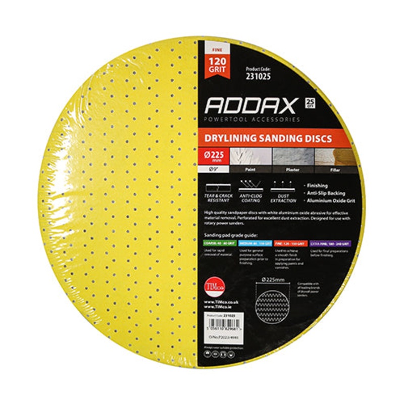 Timco Drylining Sanding Discs – 120 Grit – Yellow 225mm – 25 Pieces