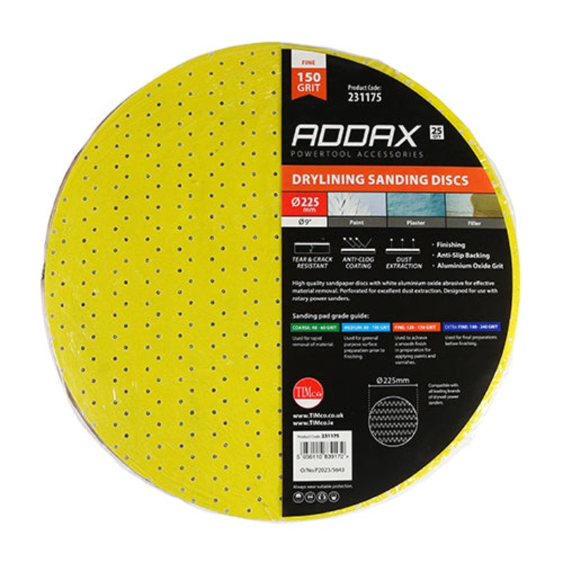 Timco Drylining Sanding Discs – 150 Grit – Yellow 225mm – 25 Pieces