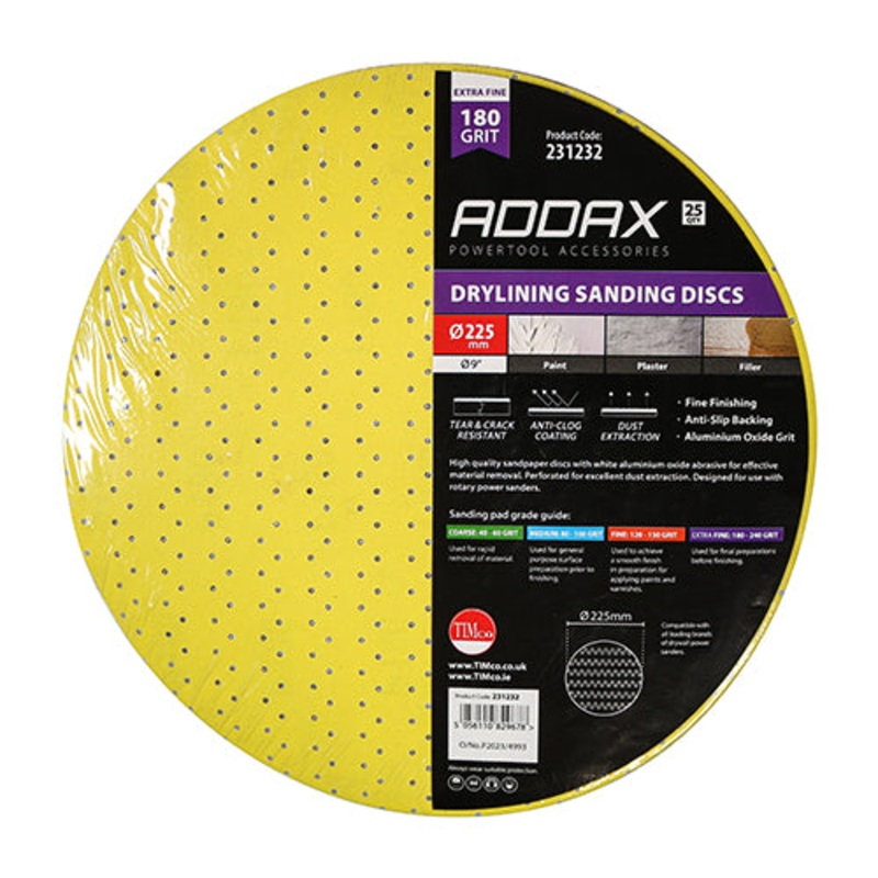 Timco Drylining Sanding Discs – 180 Grit – Yellow 225mm – 25 Pieces