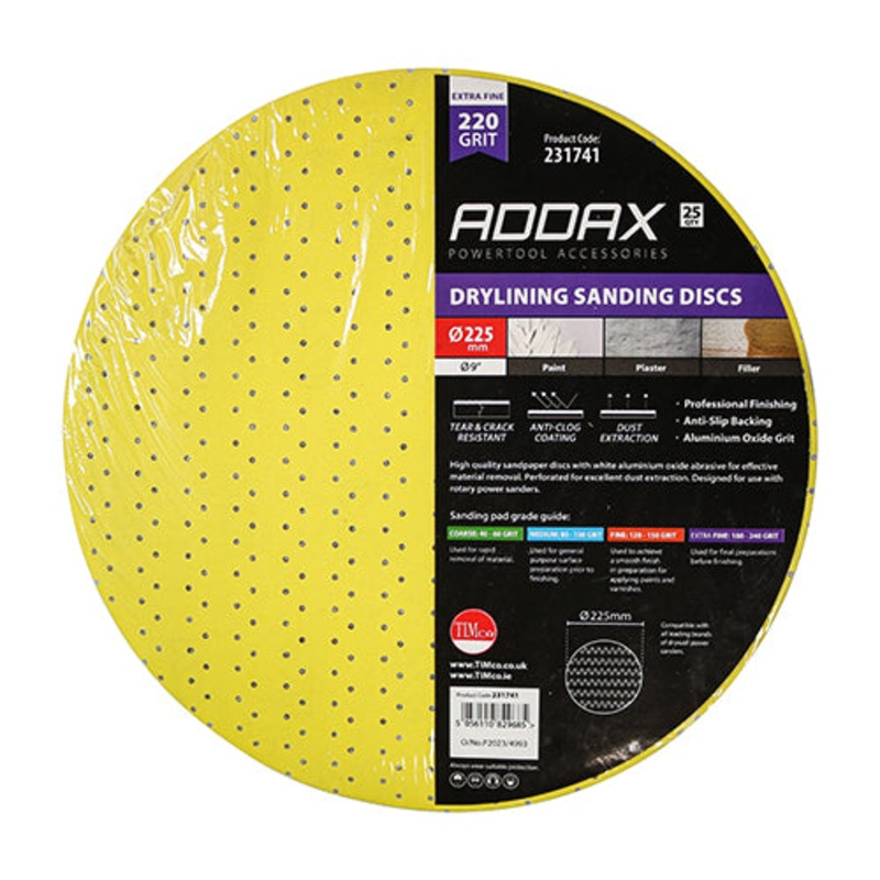 Timco Drylining Sanding Discs – 220 Grit – Yellow 225mm – 25 Pieces