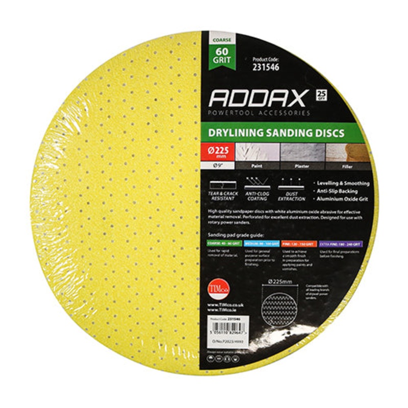 Timco Drylining Sanding Discs – 60 Grit – Yellow 225mm – 25 Pieces