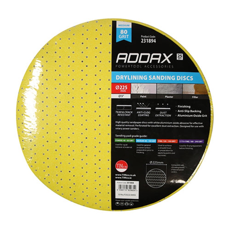 Timco Drylining Sanding Discs – 80 Grit – Yellow 225mm – 25 Pieces