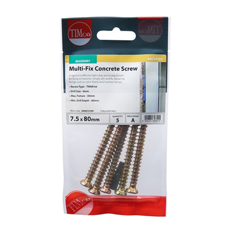 Timco Concrete Screws – TX – Flat Countersunk – Yellow 7.5 x 60 – 6 Pieces