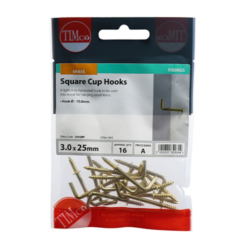 Timco Cup Hooks – Square – Electro Brass 25mm – 16 Pieces
