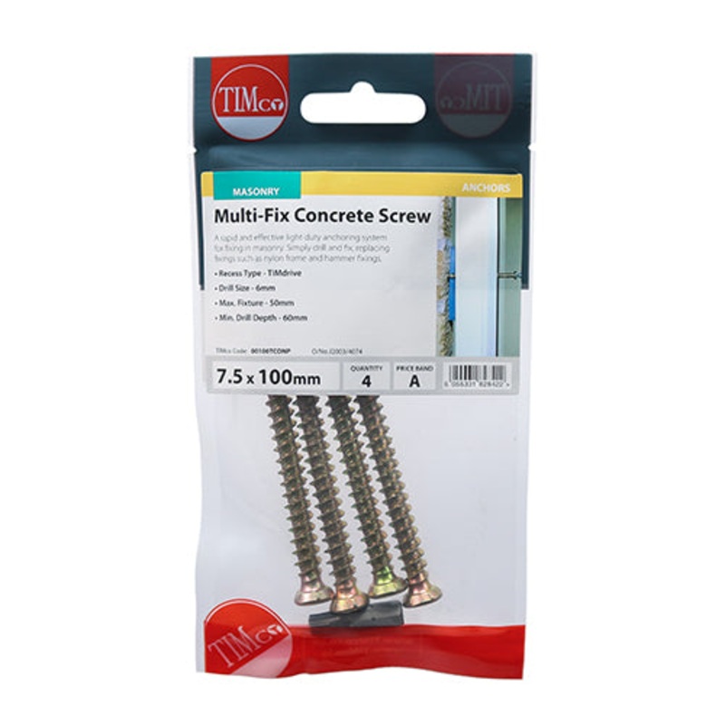 Timco Concrete Screws – TX – Flat Countersunk – Yellow 7.5 x 100 – 4 Pieces