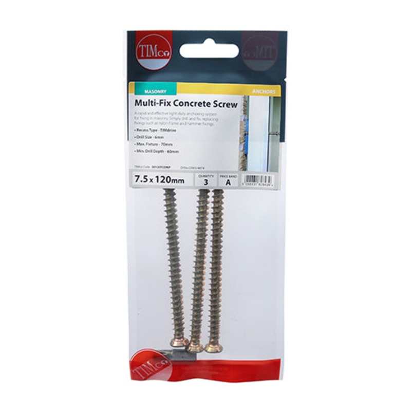 Timco Concrete Screws – TX – Flat Countersunk – Yellow 7.5 x 120 – 3 Pieces