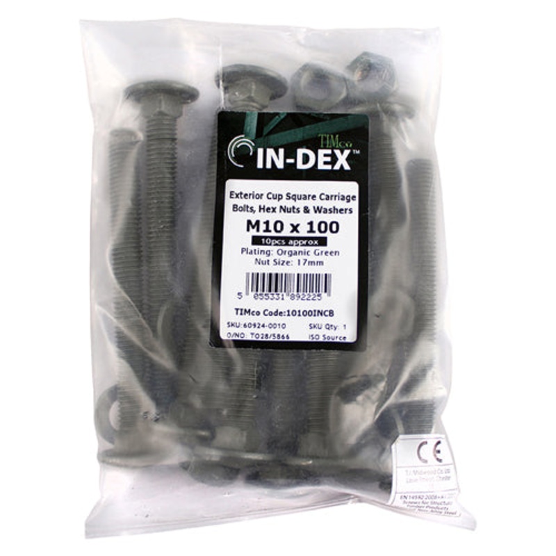 Timco Carriage Bolts Hex Nuts & Form A Washers – Dome – Exterior – Green M10 x 220 – 10 Pieces