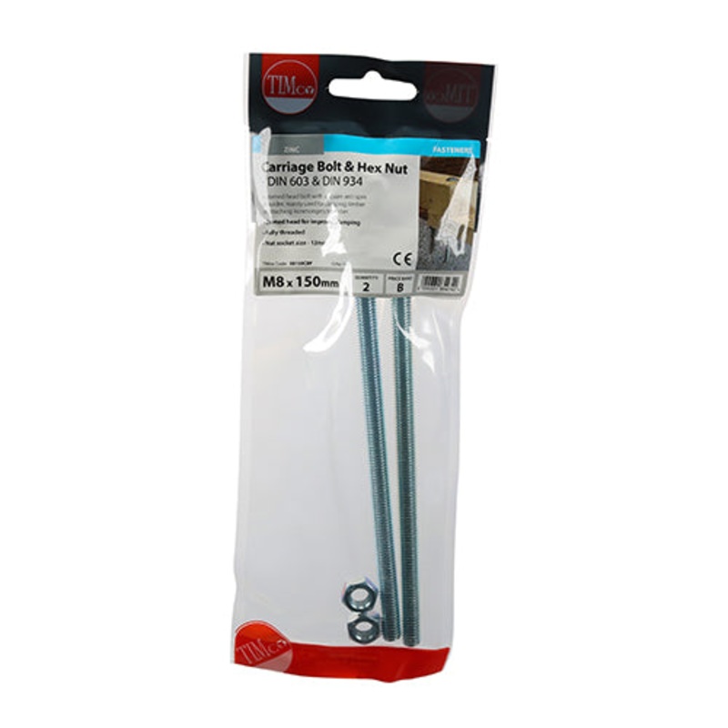 Timco Carriage Bolts & Hex Nuts – Zinc M8 x 150