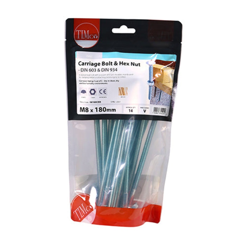 Timco Carriage Bolts & Hex Nuts – Zinc M8 x 180 – 14 Pieces