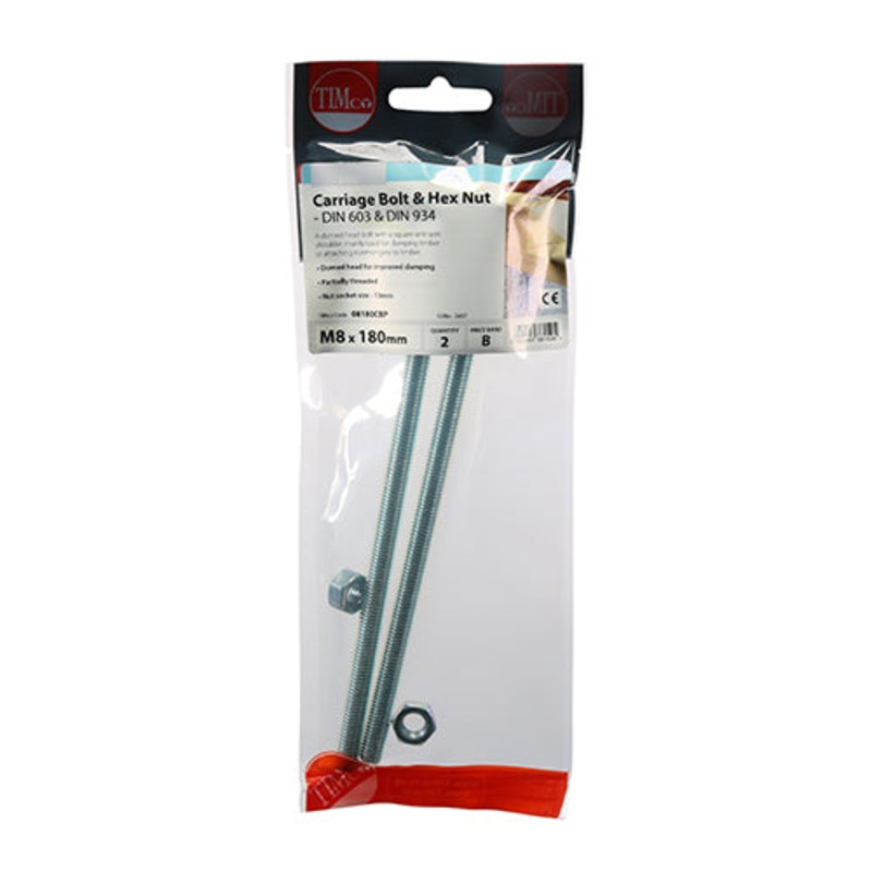 Timco Carriage Bolts & Hex Nuts – Zinc M8 x 180
