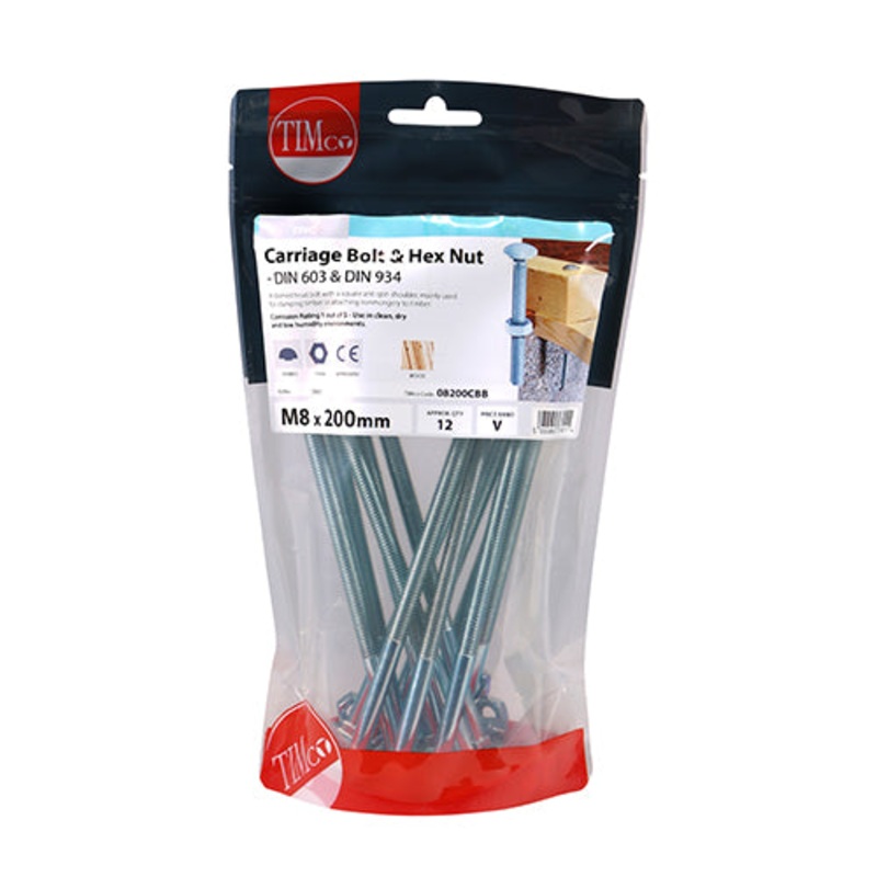 Timco Carriage Bolts & Hex Nuts – Zinc M8 x 200 – 12 Pieces