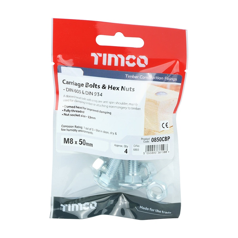 Timco Carriage Bolts & Hex Nuts – Zinc M8 x 50 – 4 Pieces