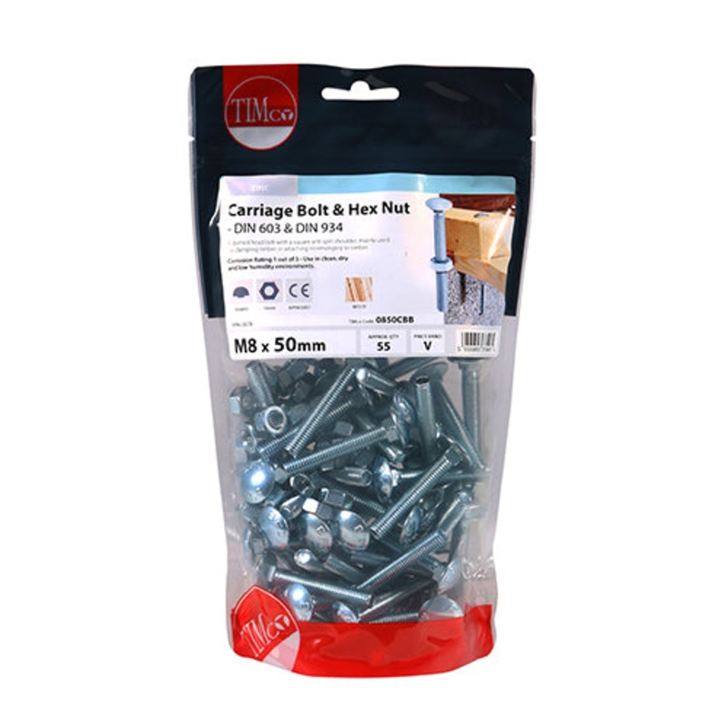 Timco Carriage Bolts & Hex Nuts – Zinc M8 x 50 – 55 Pieces